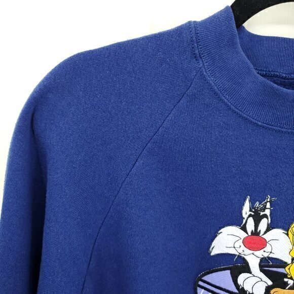 VTG 90s Embroidered Looney Tunes Crew Neck Sweatshirt NS Navy Blue - Picture 7 of 15